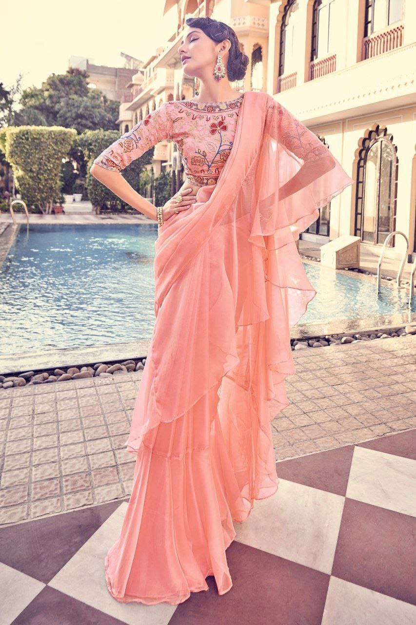 Graceful Peach Pink Organza Saree With Elegant Embroidery
