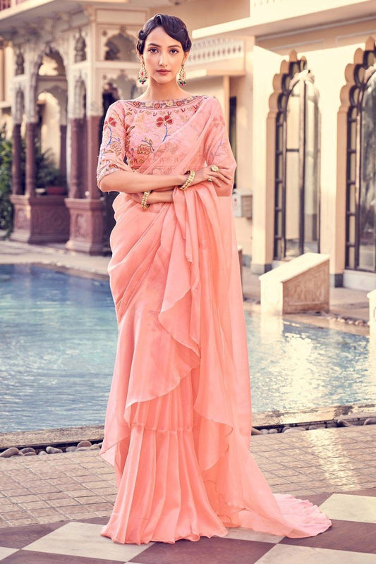 Graceful Peach Pink Organza Saree With Elegant Embroidery