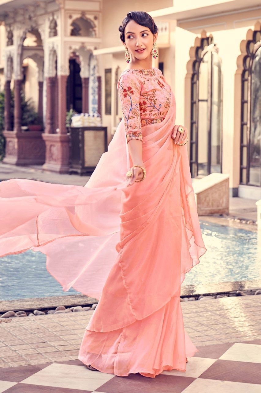 Graceful Peach Pink Organza Saree With Elegant Embroidery