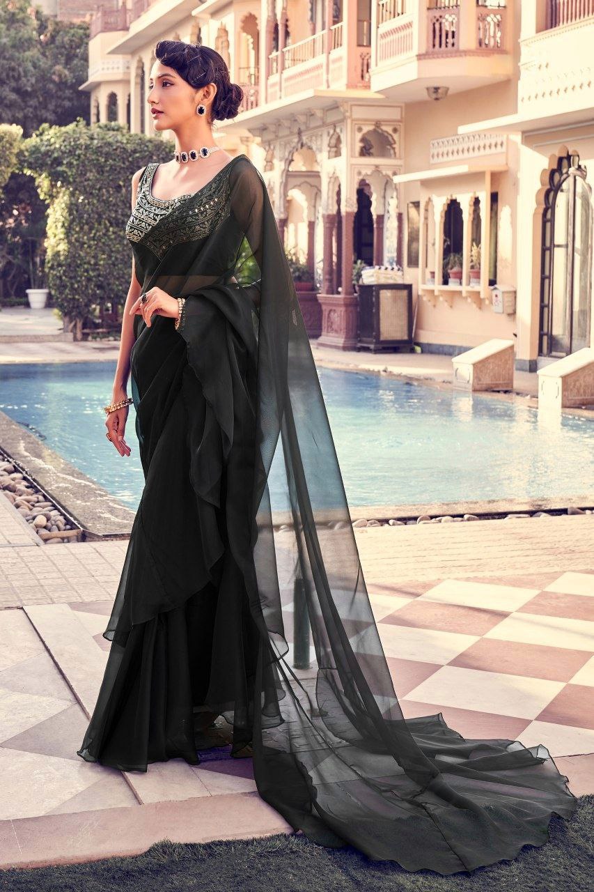 Stunning Black Organza Saree with Intricate Mirror & Embroidery Work