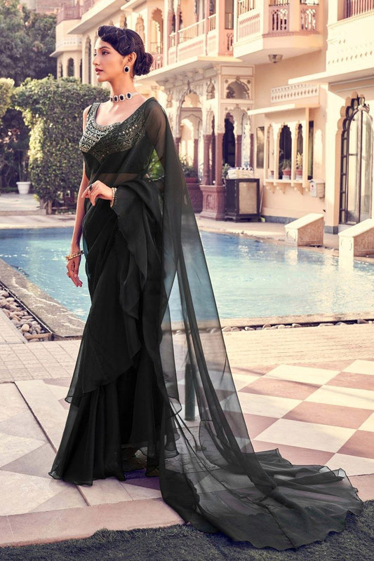 Stunning Black Organza Saree with Intricate Mirror & Embroidery Work