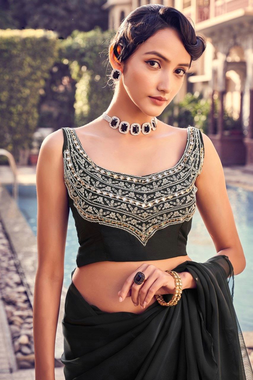 Stunning Black Organza Saree with Intricate Mirror & Embroidery Work