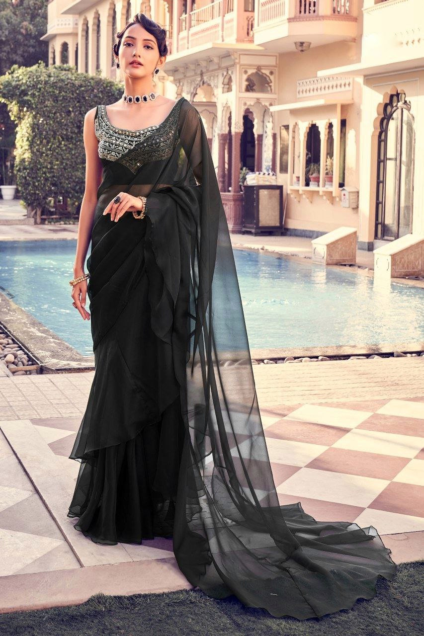 Stunning Black Organza Saree with Intricate Mirror & Embroidery Work