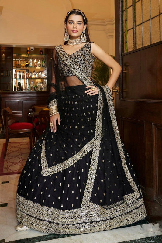 Graceful Black Soft Net Lehenga Set With Intricate Embroidery