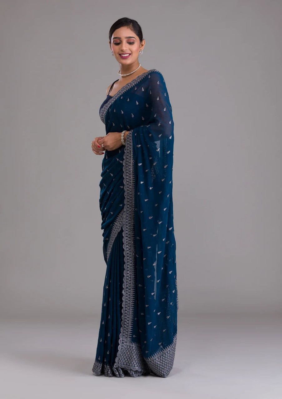 Elegant Blue Chinon Chiffon Saree With Intricate Embroidery