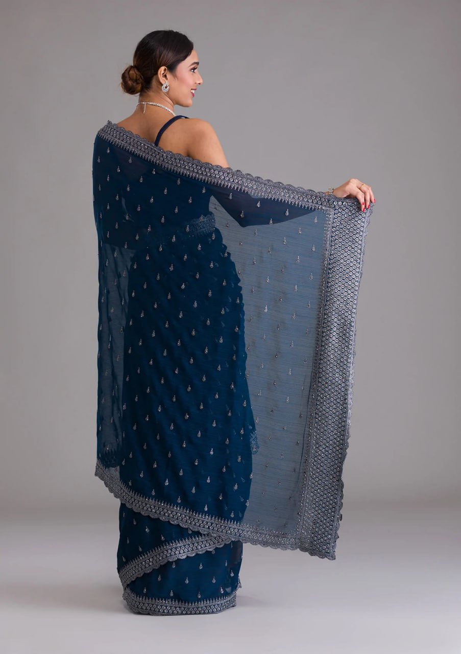 Elegant Blue Chinon Chiffon Saree With Intricate Embroidery