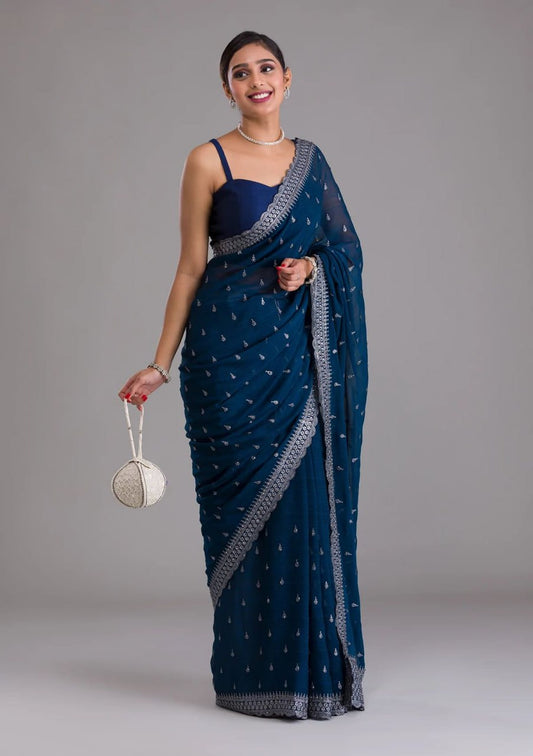 Elegant Blue Chinon Chiffon Saree With Intricate Embroidery
