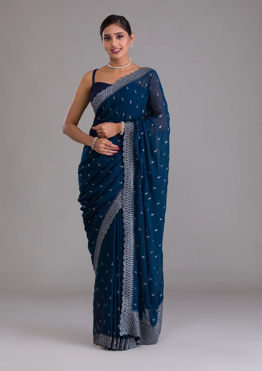 Elegant Blue Chinon Chiffon Saree With Intricate Embroidery