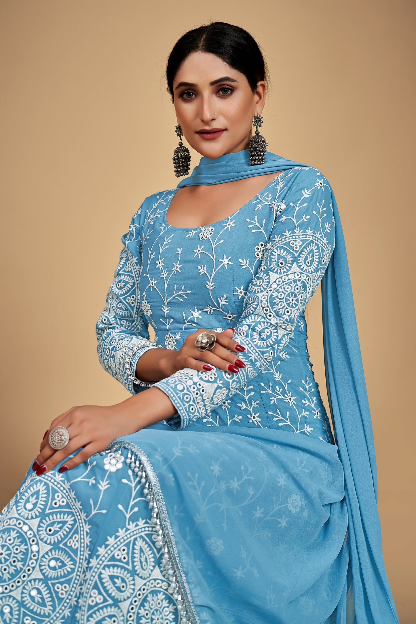 Sky Blue Elegant Georgette Embroidered Anarkali Pant Suit