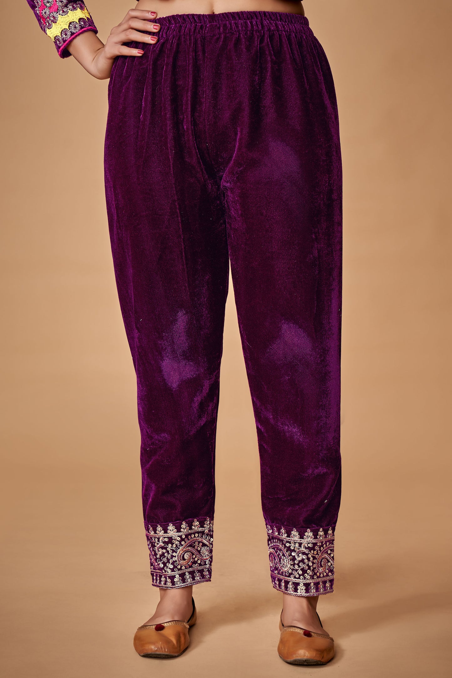 Royal Wine Viscose Velvet Embroidered Anarkali Pant Suit
