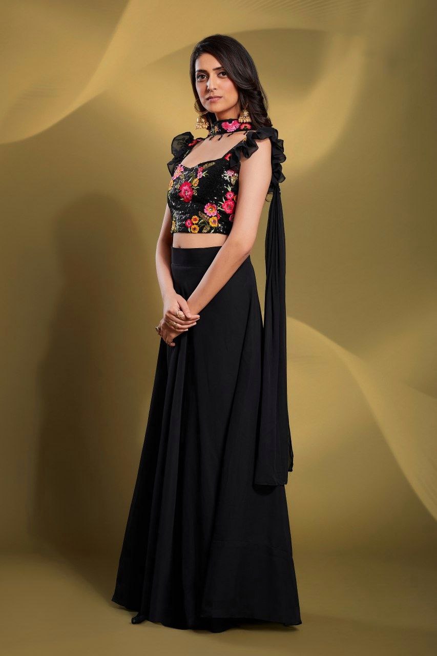 Elegant Black Georgette Lehenga Set - Fully Stitched & Ready to Wear