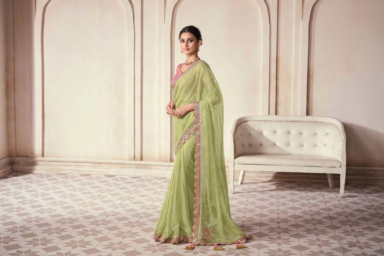 Elegant Green Organza Embroidered Saree