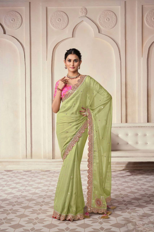Elegant Green Organza Embroidered Saree