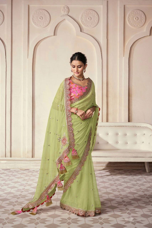Elegant Green Organza Embroidered Saree