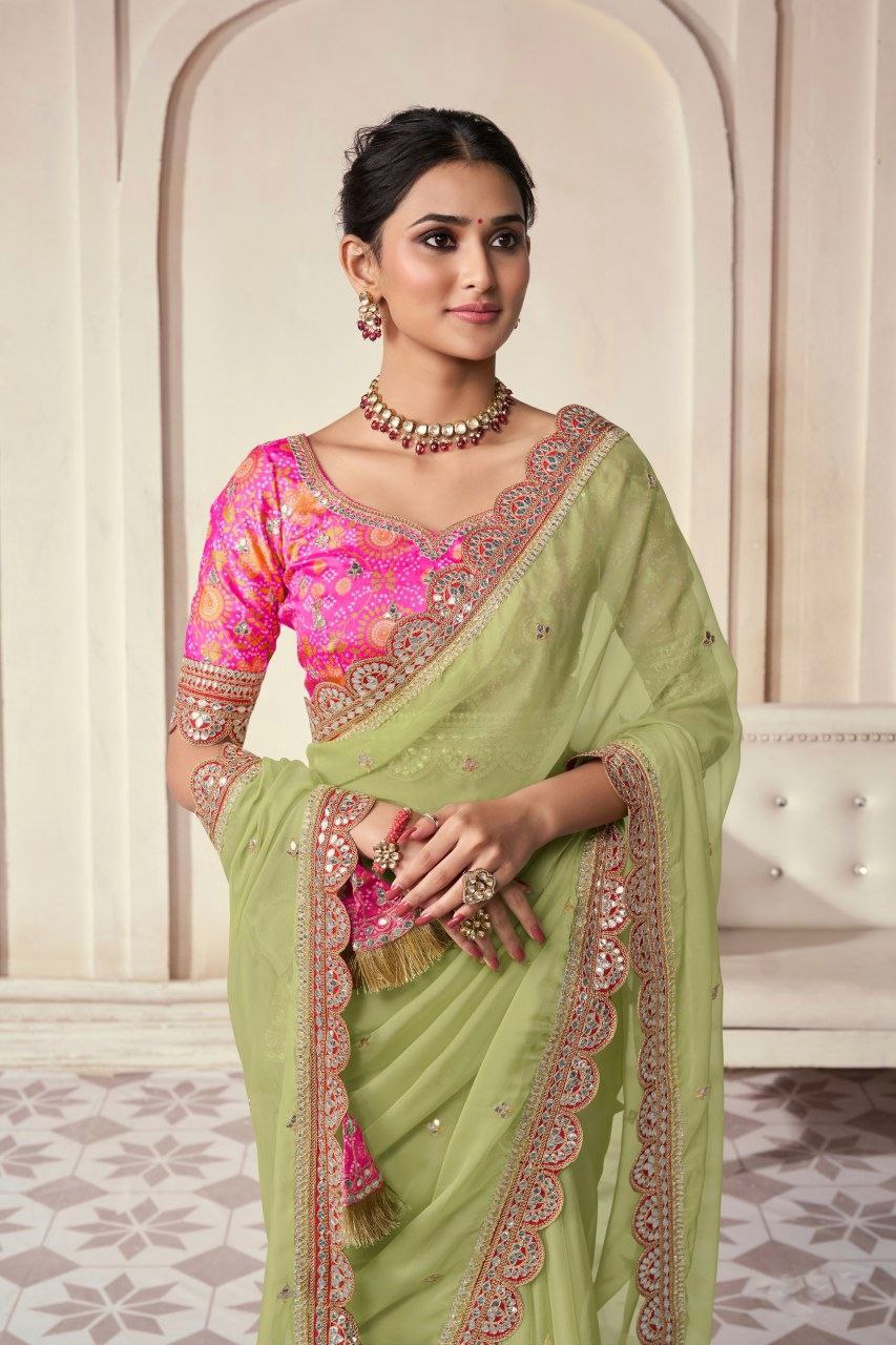 Elegant Green Organza Embroidered Saree