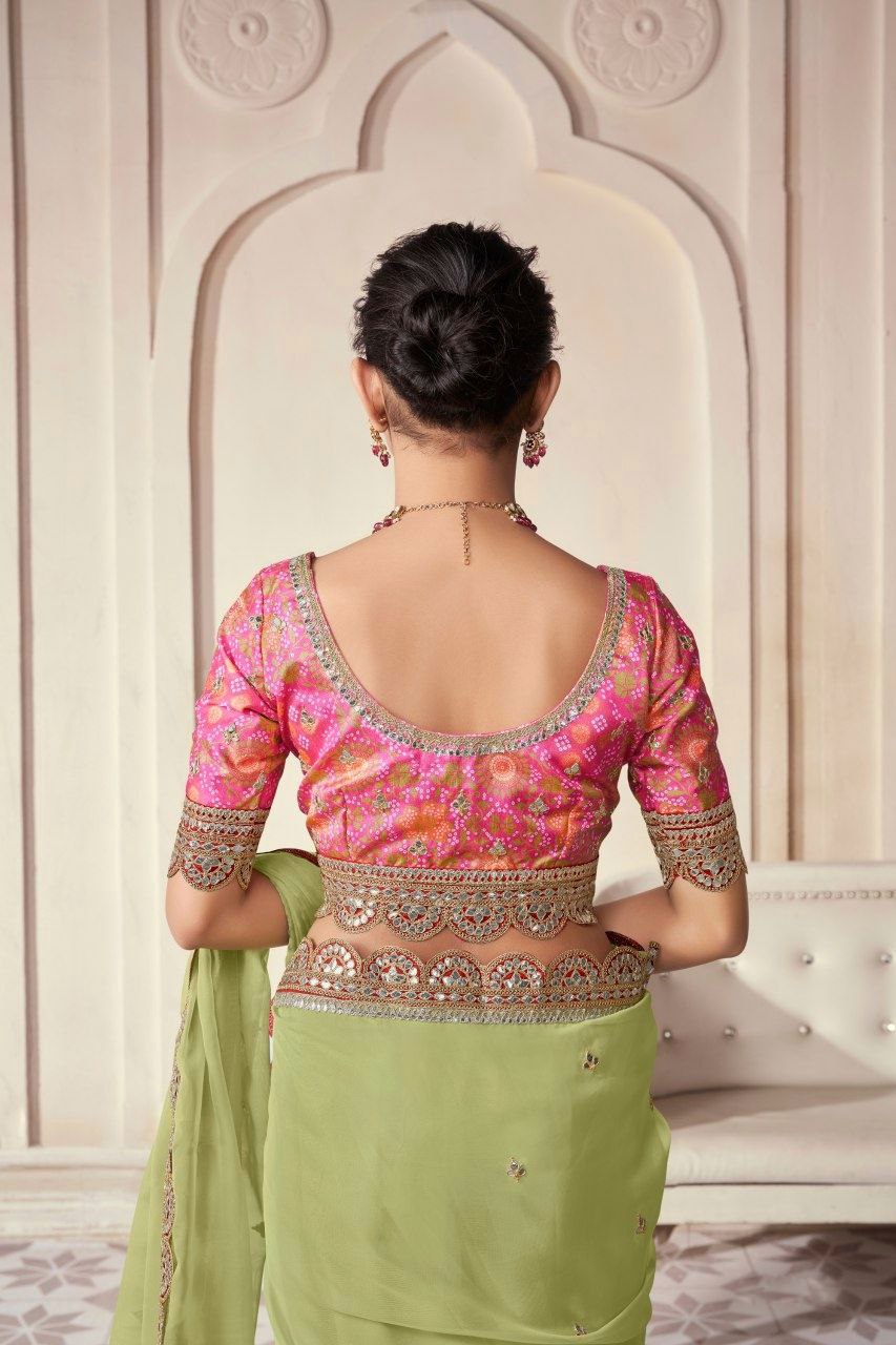 Elegant Green Organza Embroidered Saree