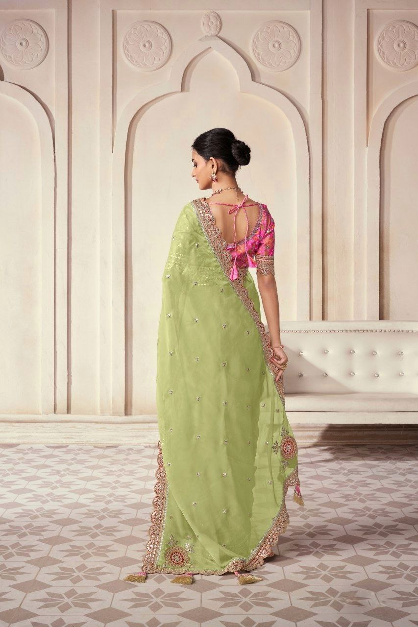 Elegant Green Organza Embroidered Saree