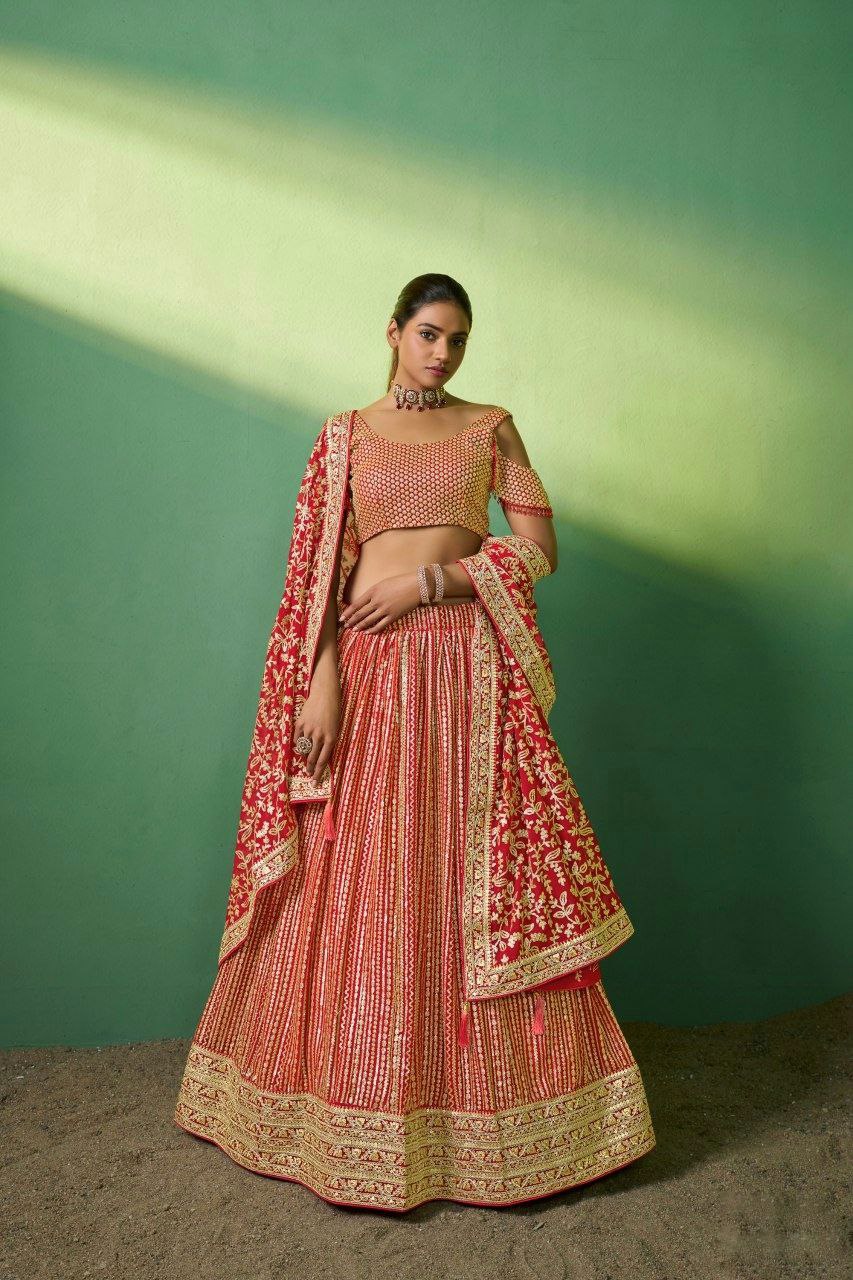 Radiant Red Georgette Embroidered Lehenga Set