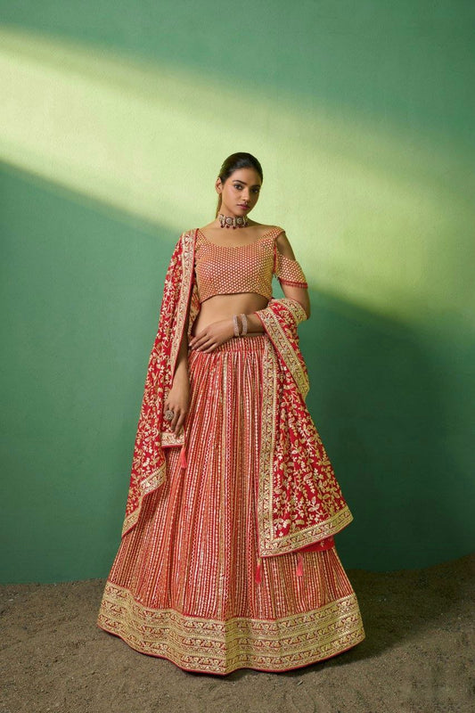Radiant Red Georgette Embroidered Lehenga Set