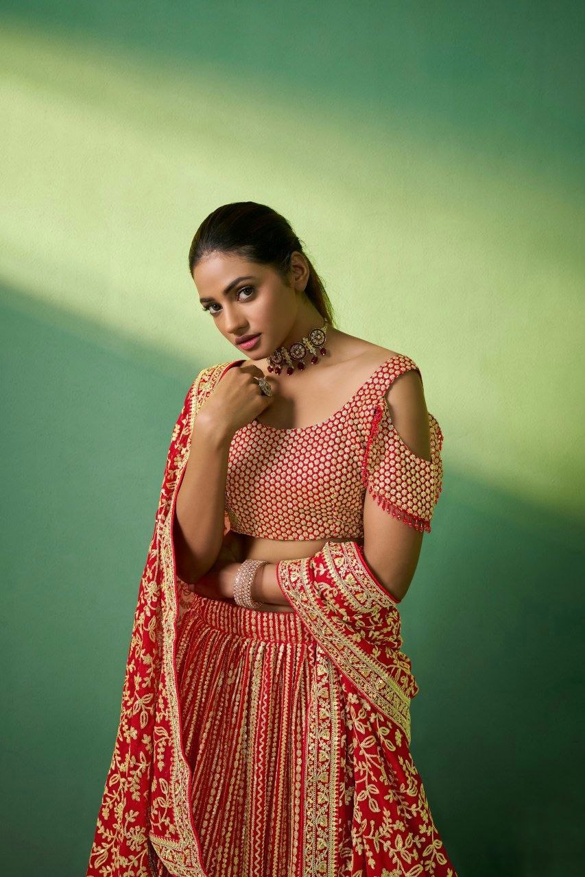 Radiant Red Georgette Embroidered Lehenga Set