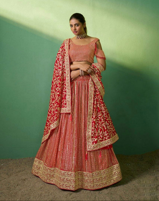 Radiant Red Georgette Embroidered Lehenga Set