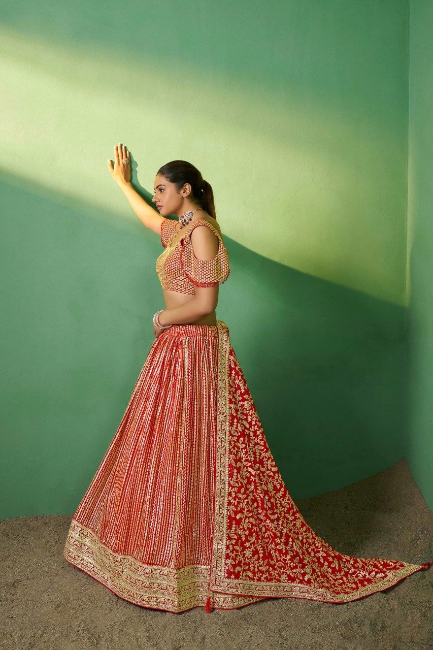 Radiant Red Georgette Embroidered Lehenga Set