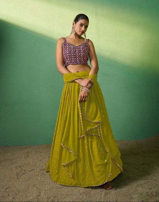 Graceful Mehendi Green Georgette Embroidered Lehenga Set