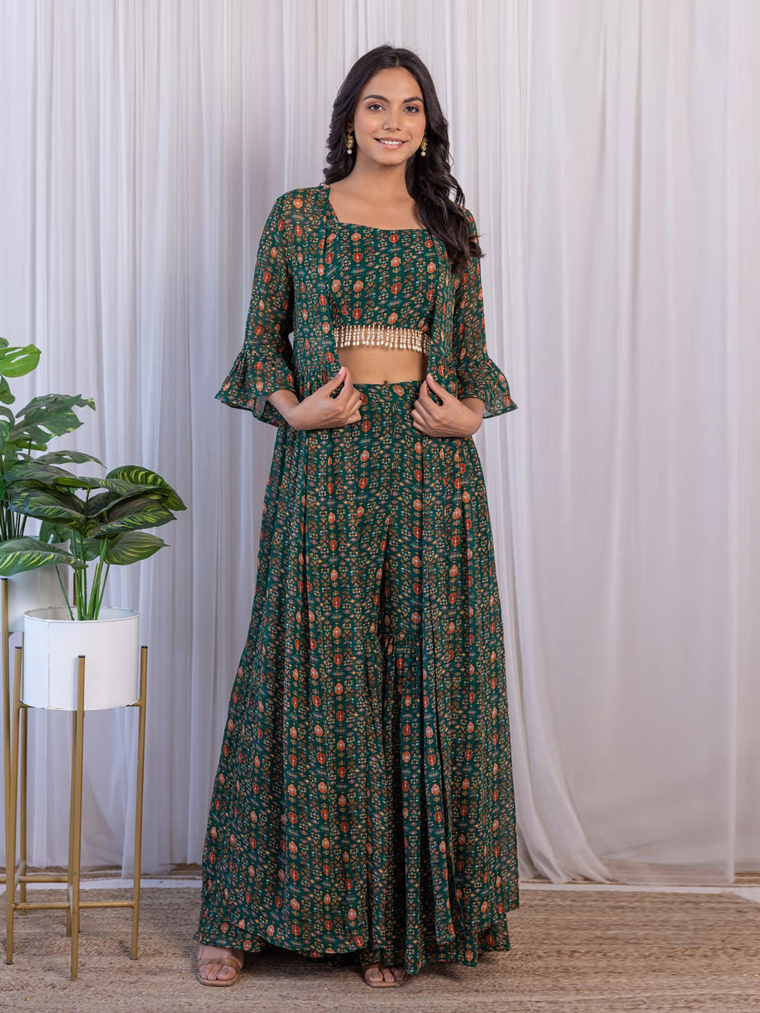 Elegant Green Georgette Top Sharara Suit With Jacket