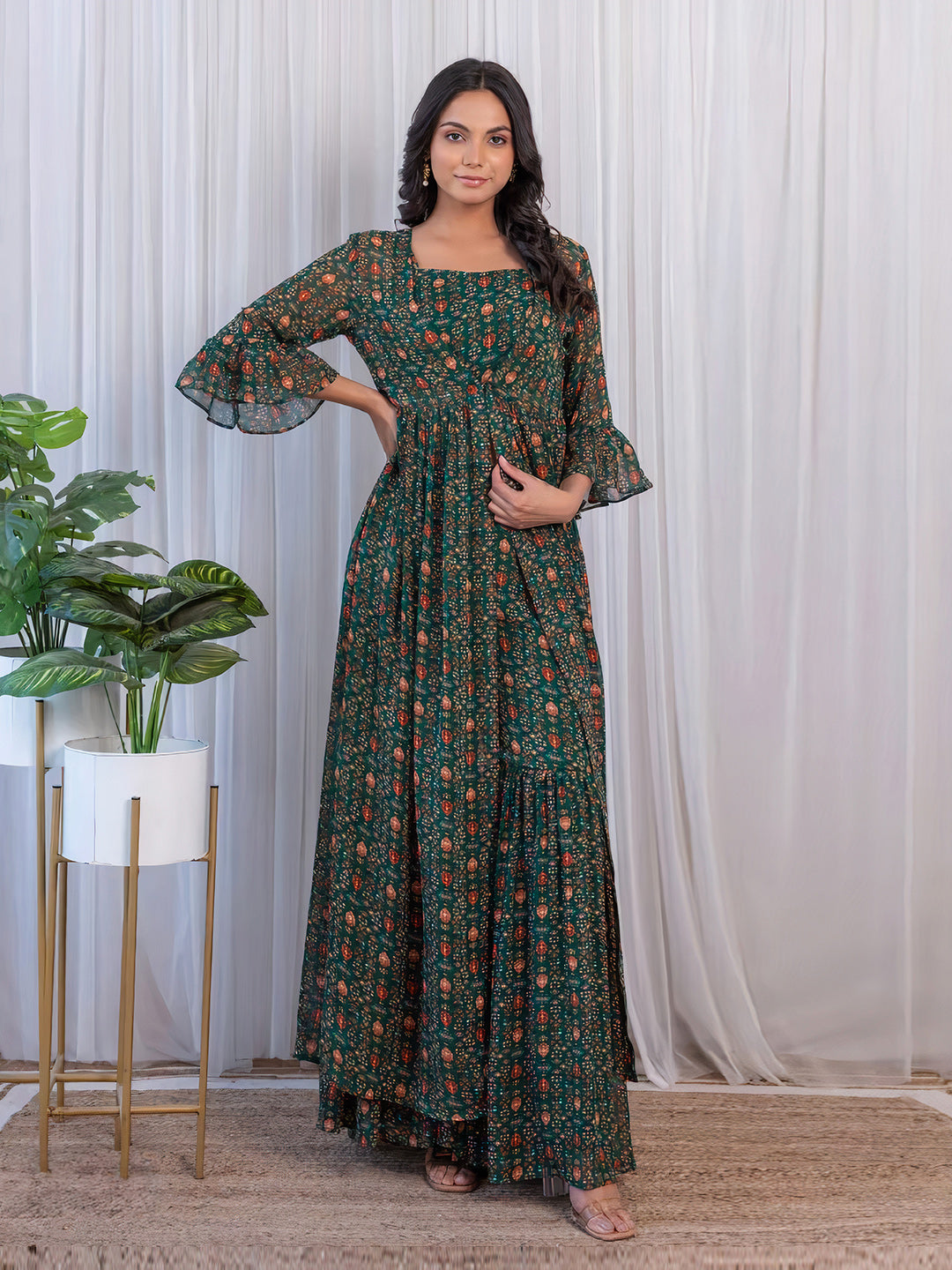 Elegant Green Georgette Top Sharara Suit With Jacket