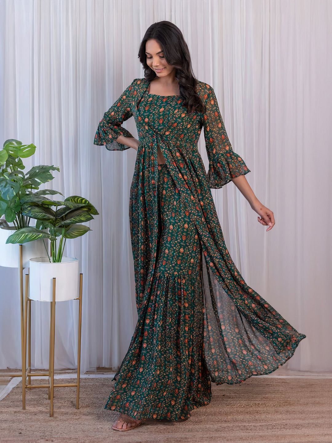 Elegant Green Georgette Top Sharara Suit With Jacket