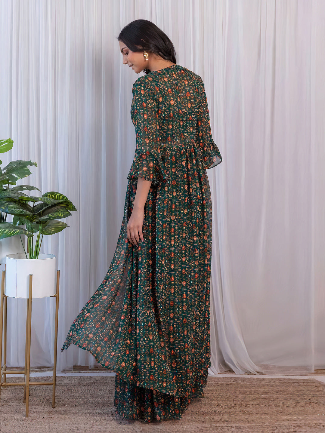 Elegant Green Georgette Top Sharara Suit With Jacket