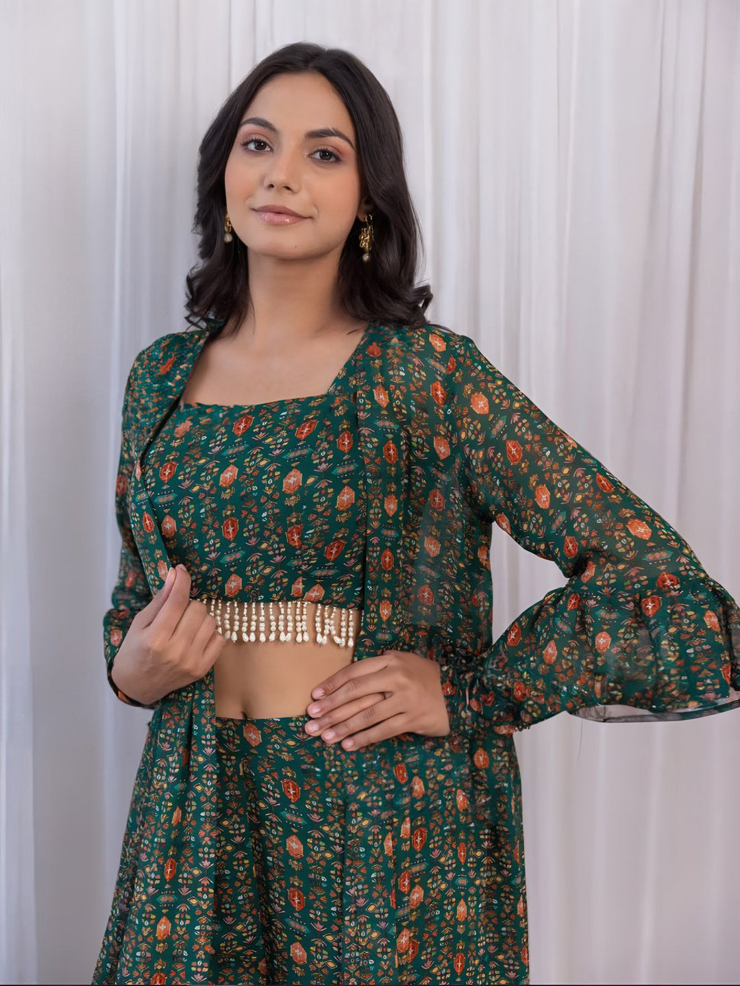 Elegant Green Georgette Top Sharara Suit With Jacket