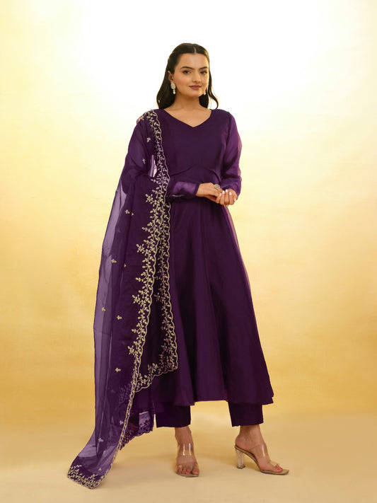 Graceful Purple Organza Anarkali Pant Suit with Dupatta