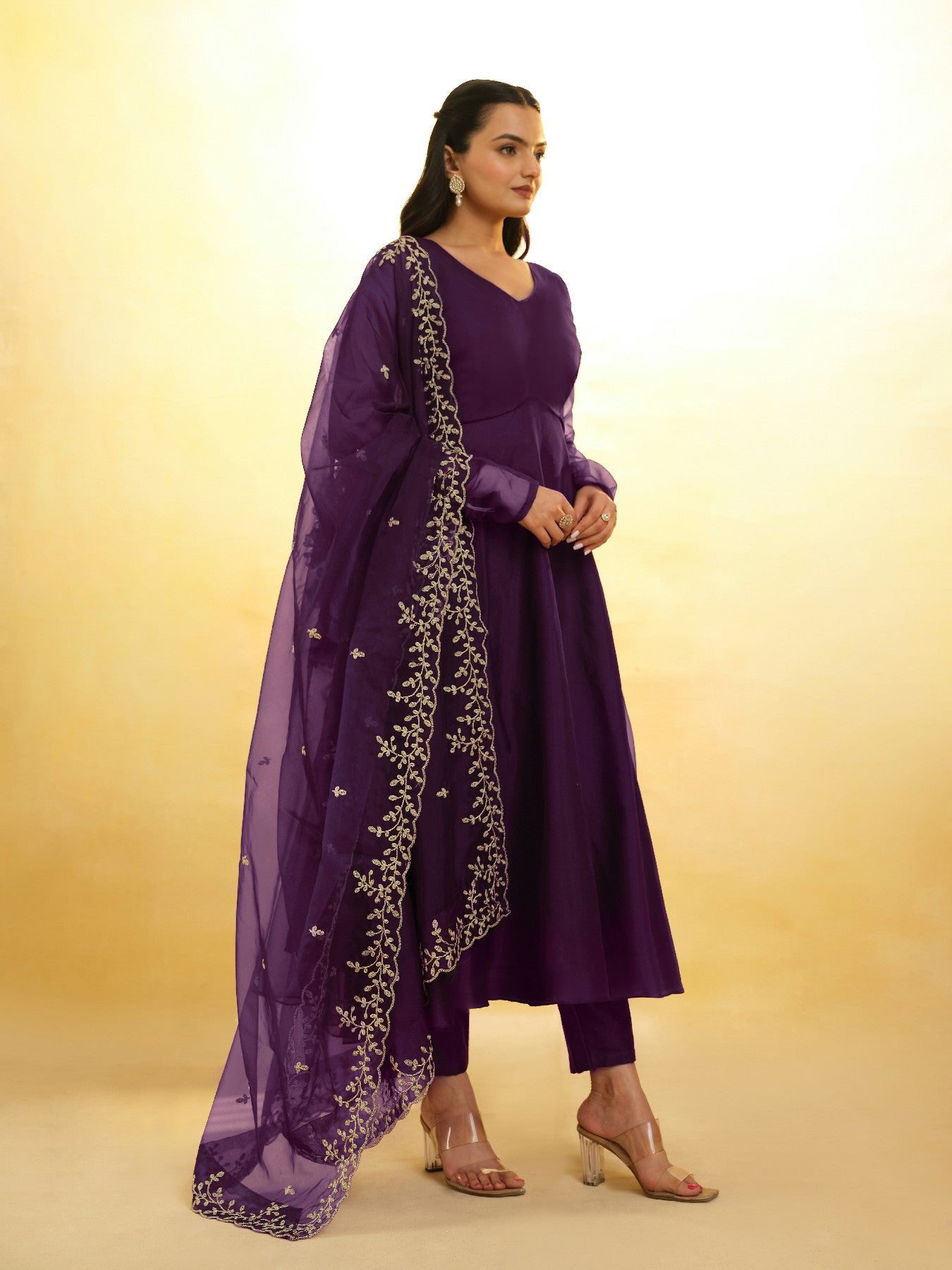 Graceful Purple Organza Anarkali Pant Suit with Dupatta