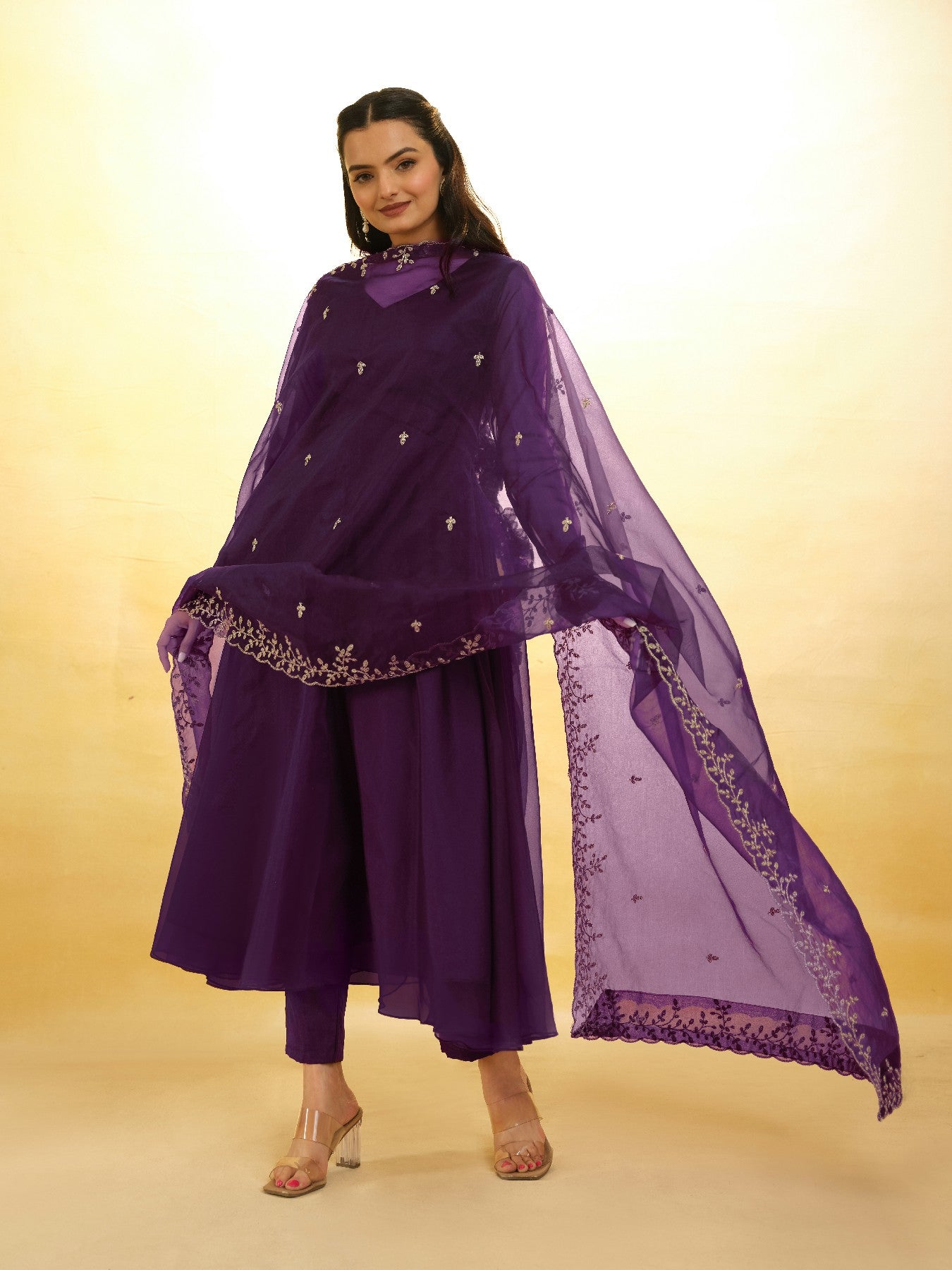 Graceful Purple Organza Anarkali Pant Suit with Dupatta