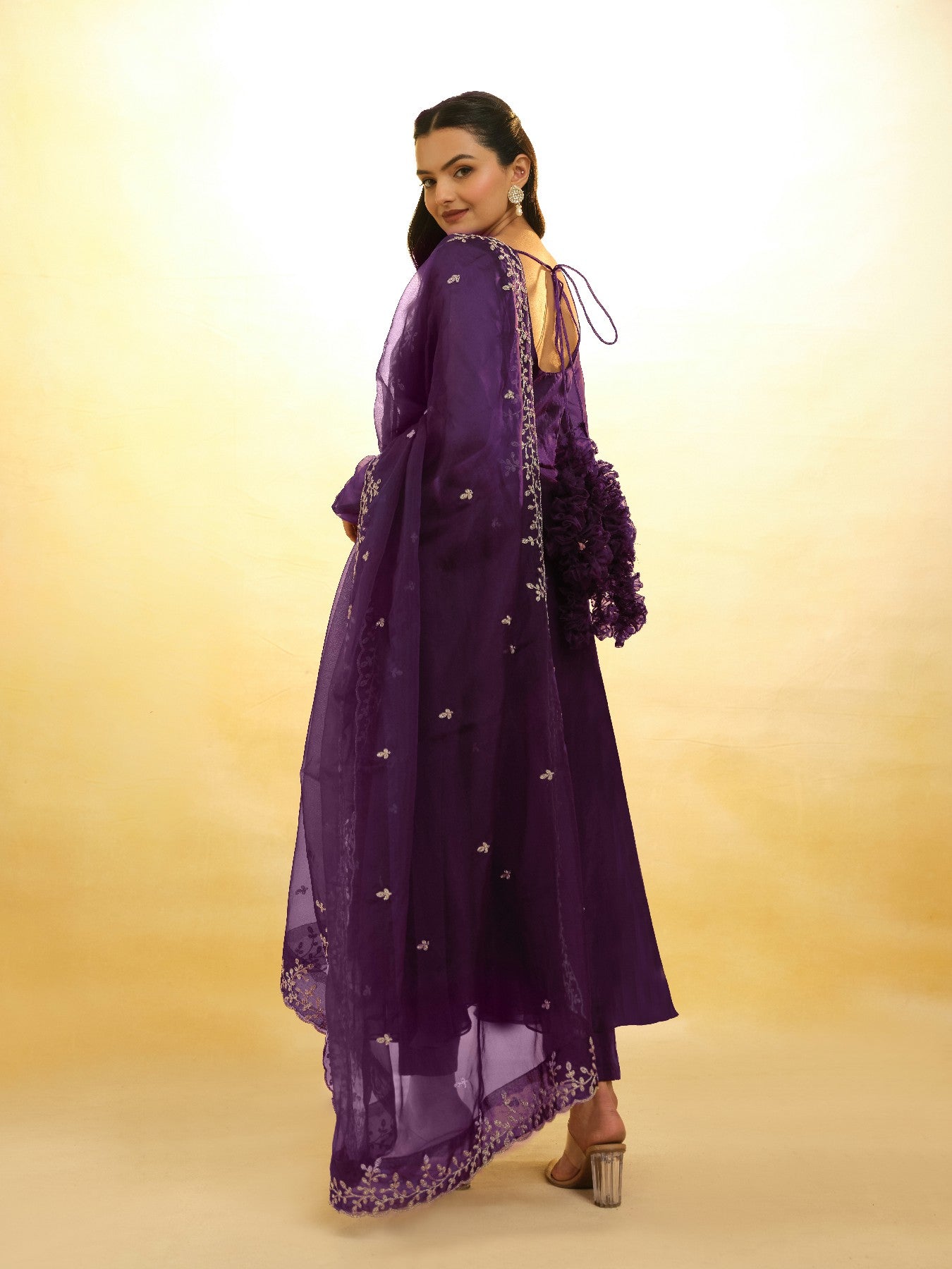 Graceful Purple Organza Anarkali Pant Suit with Dupatta