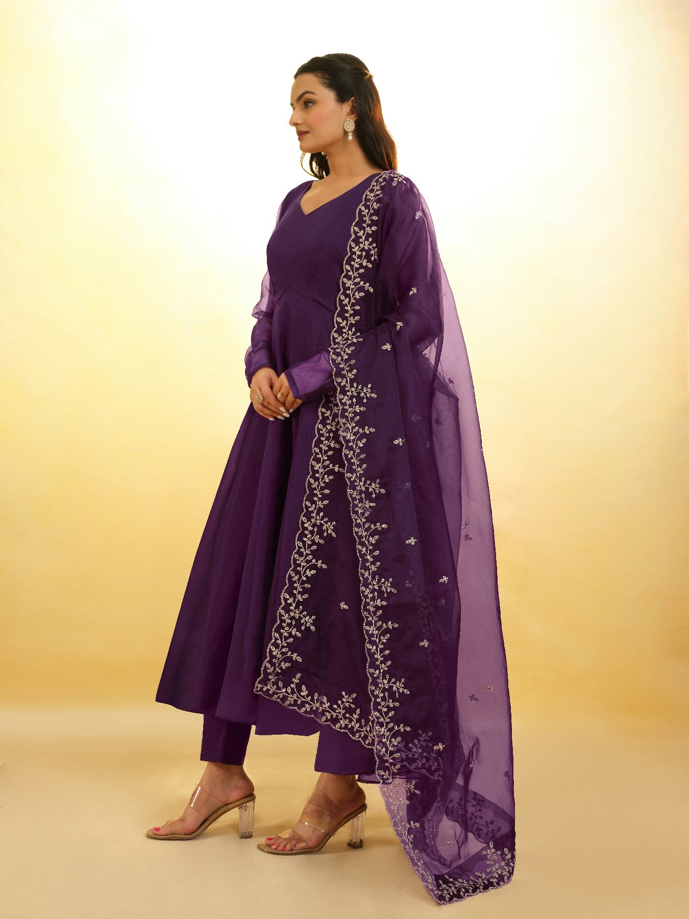 Graceful Purple Organza Anarkali Pant Suit with Dupatta