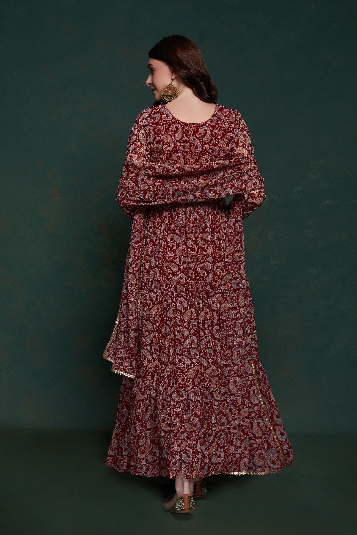 Maroon Kalamkari Printed Georgette Gown With Dupatta