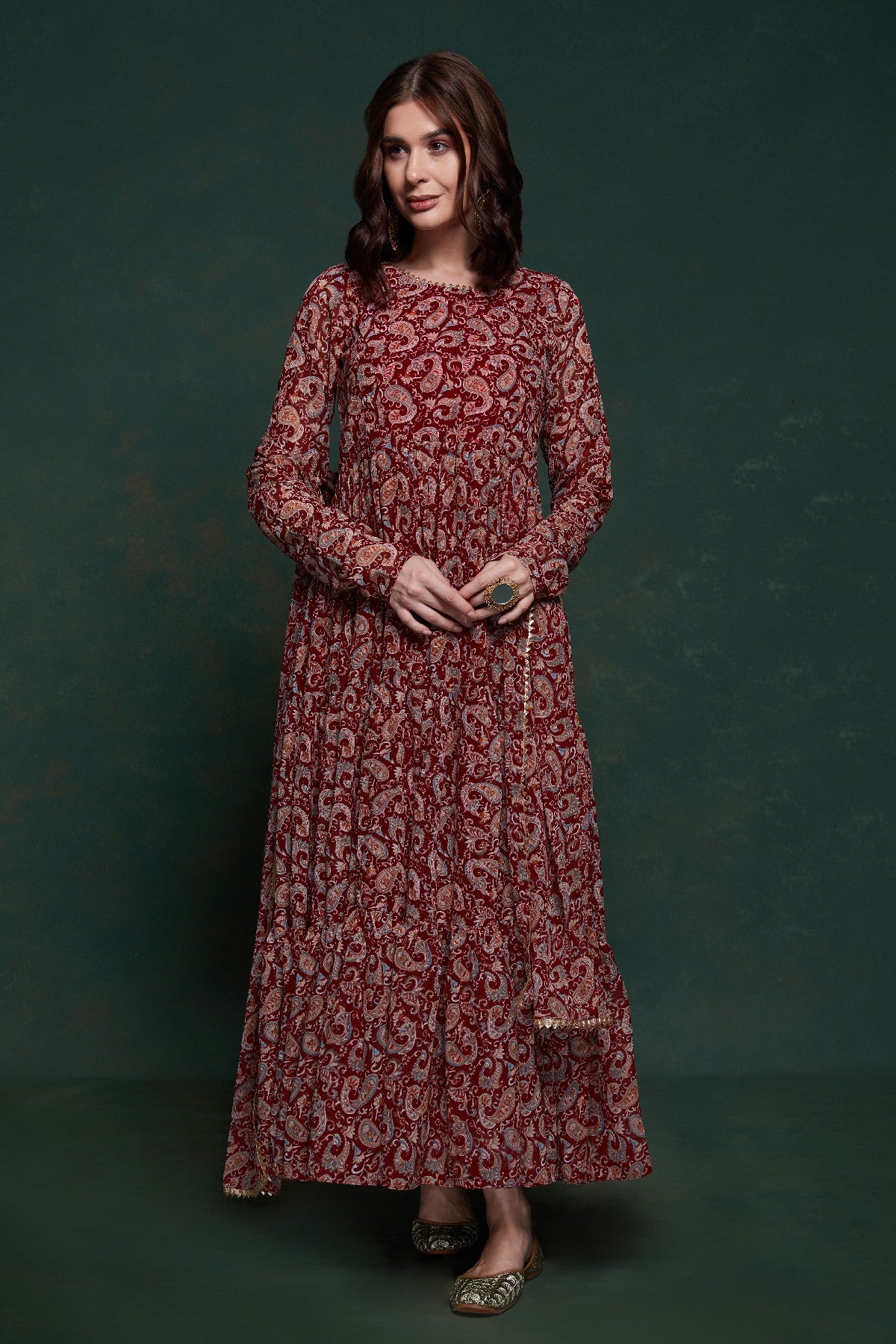 Maroon Kalamkari Printed Georgette Gown With Dupatta