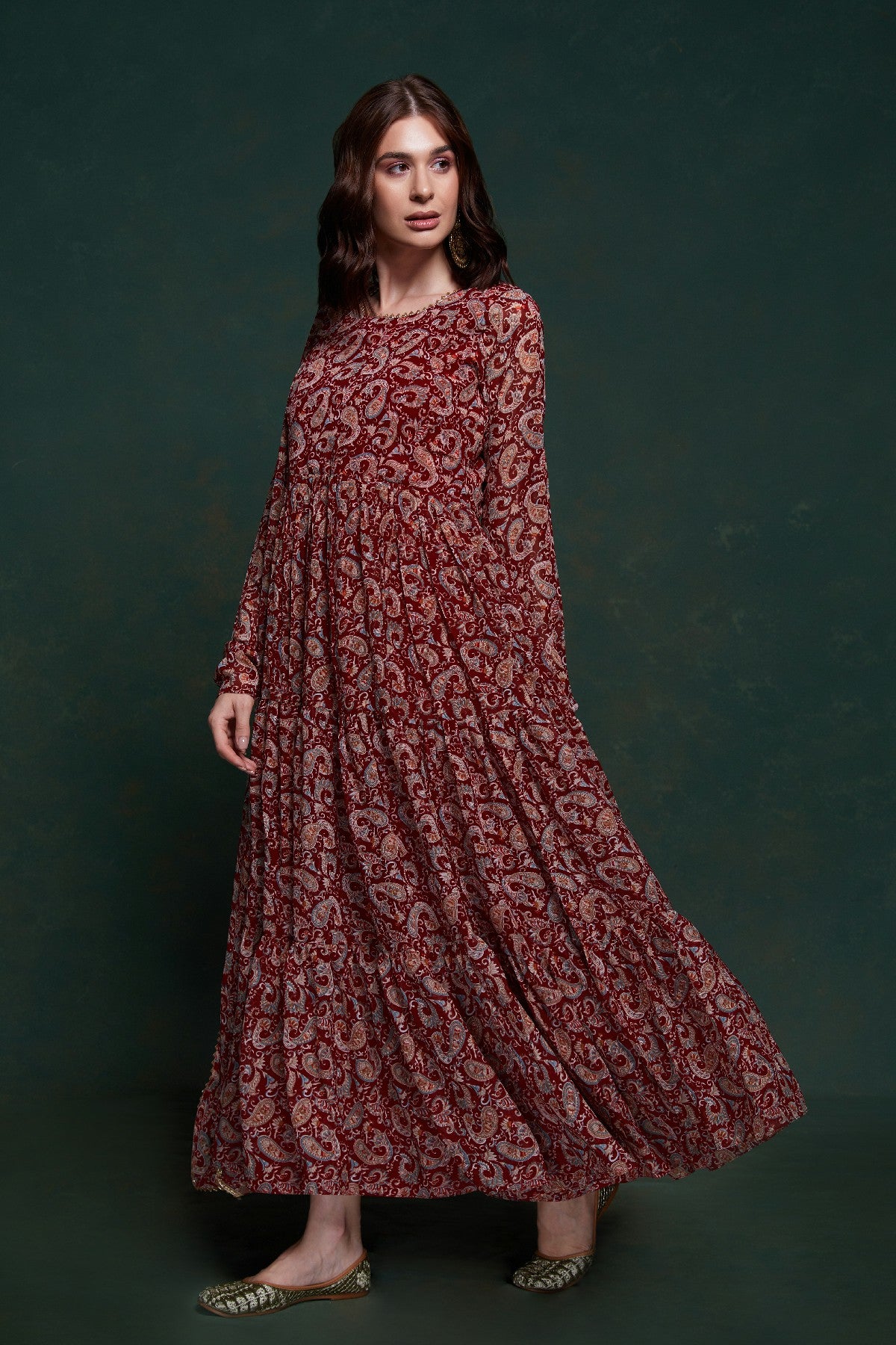 Maroon Kalamkari Printed Georgette Gown With Dupatta