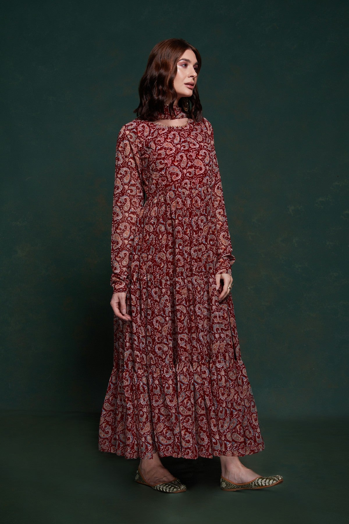 Maroon Kalamkari Printed Georgette Gown With Dupatta