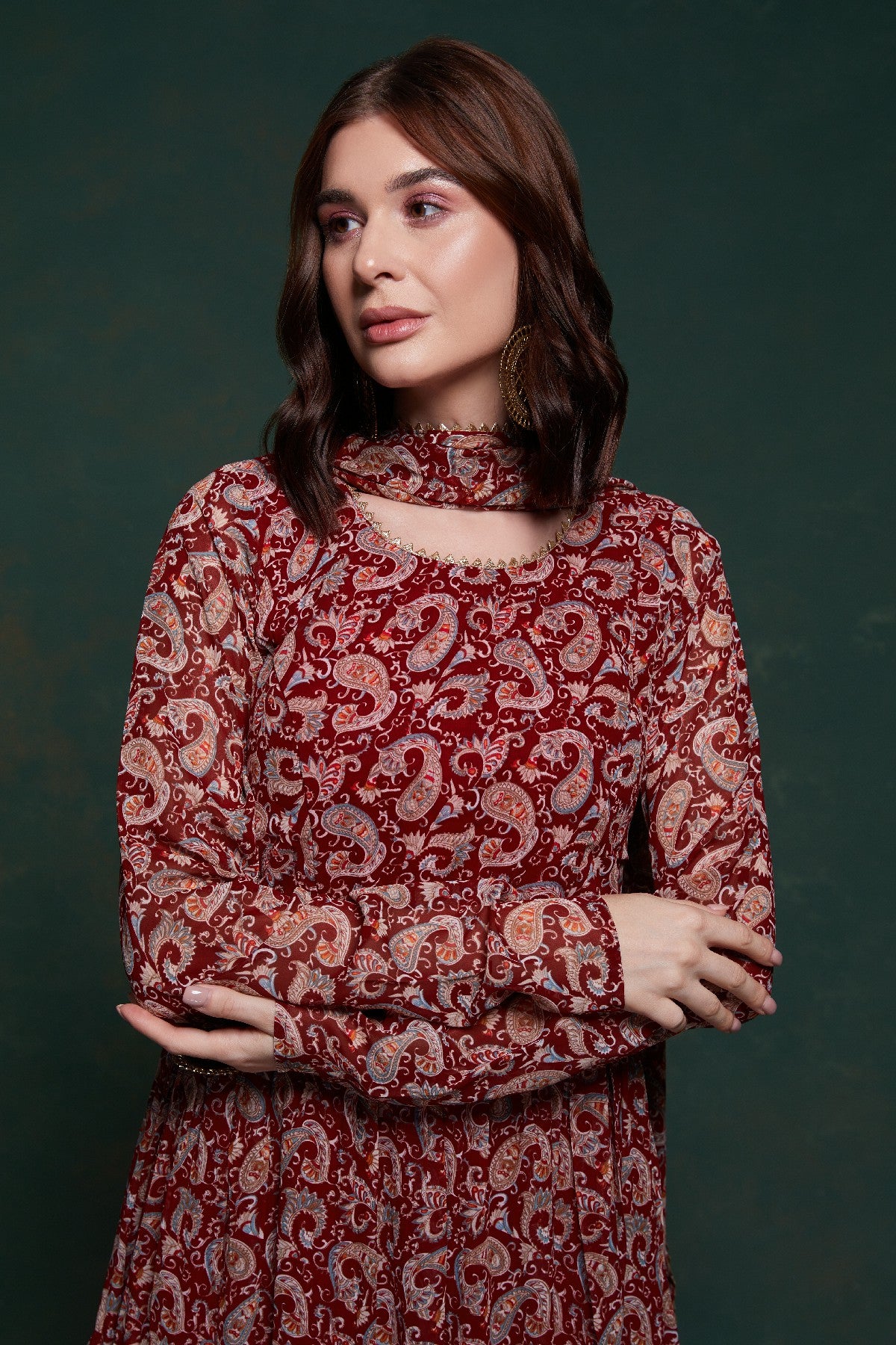Maroon Kalamkari Printed Georgette Gown With Dupatta