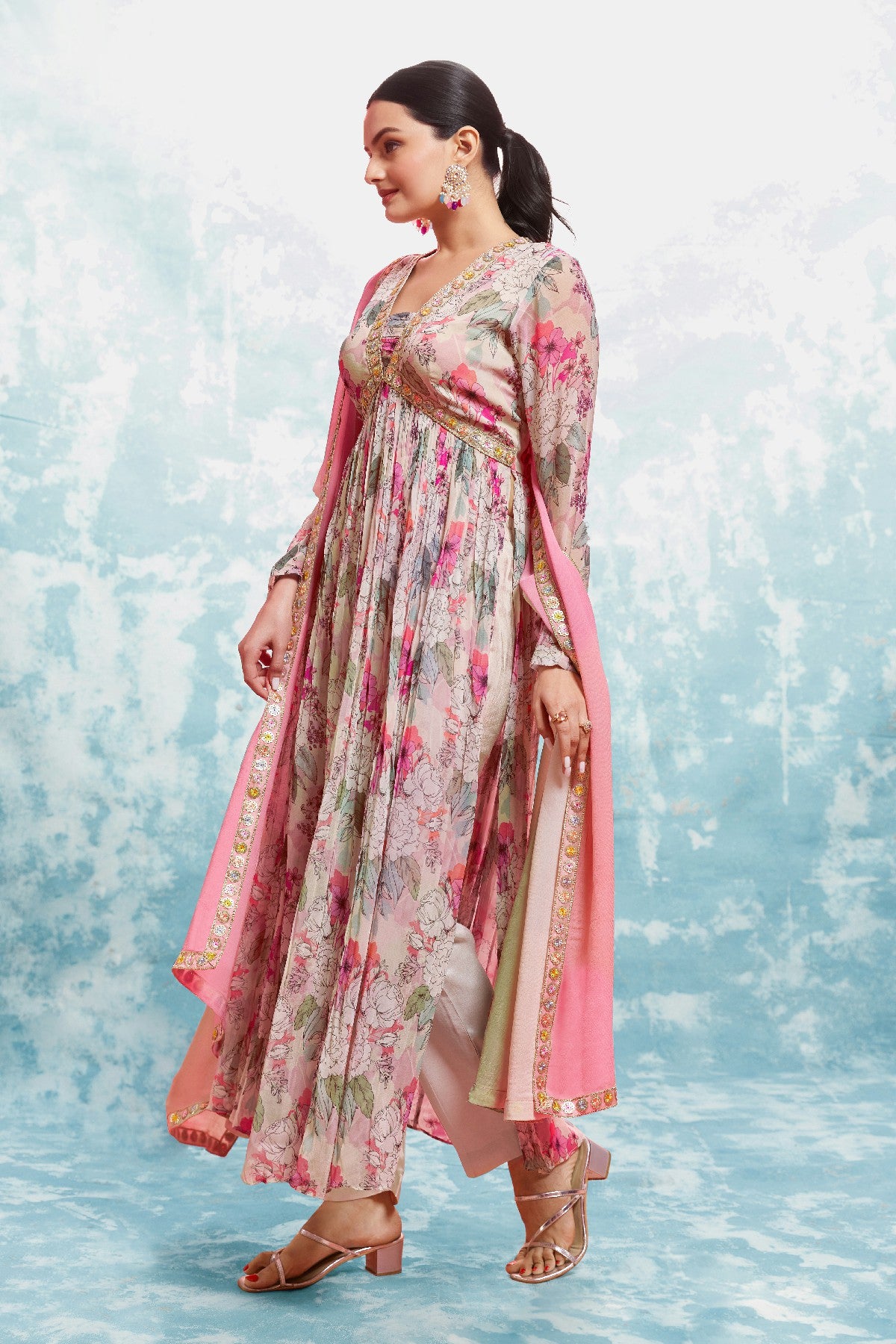 Elegant Floral Printed Georgette Anarkali Pant Suit