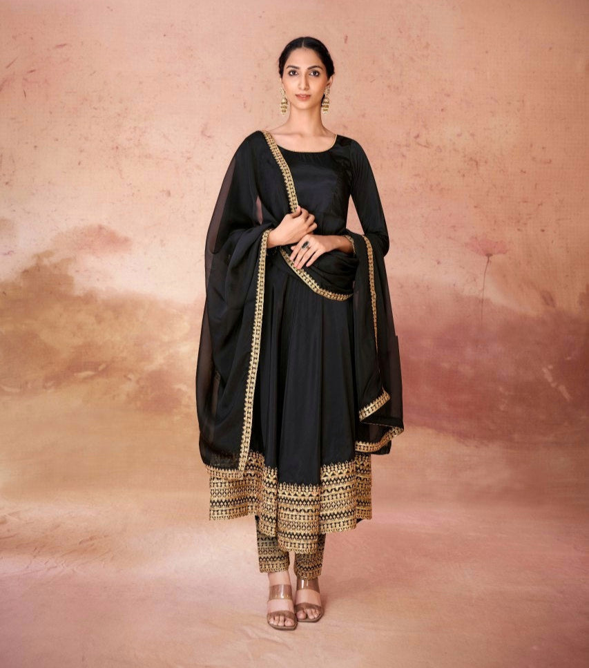 Black Chic Crepe Embroidered Anarkali Pant Suit
