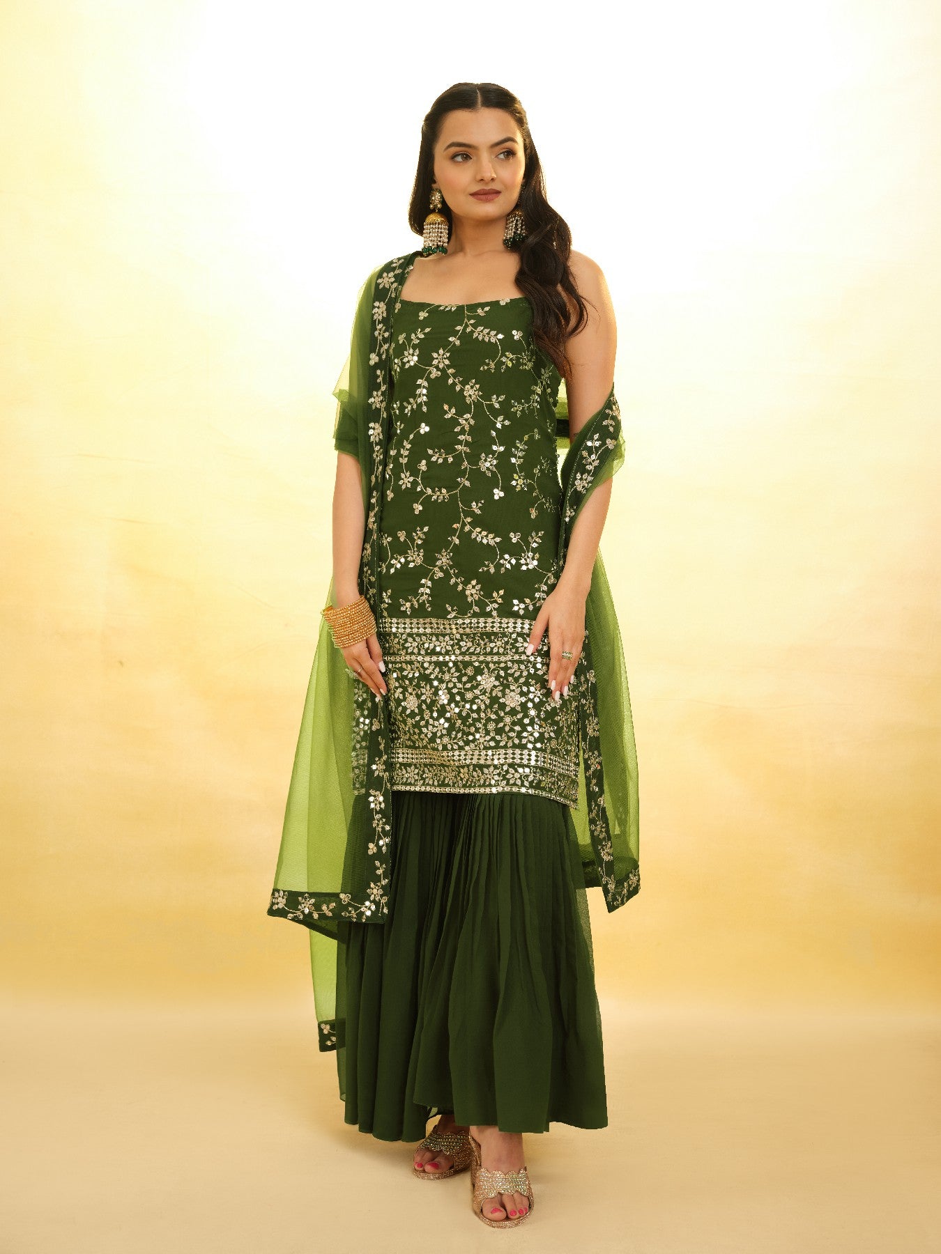Green Graceful Georgette Sequins Worked Top Sharara Suit