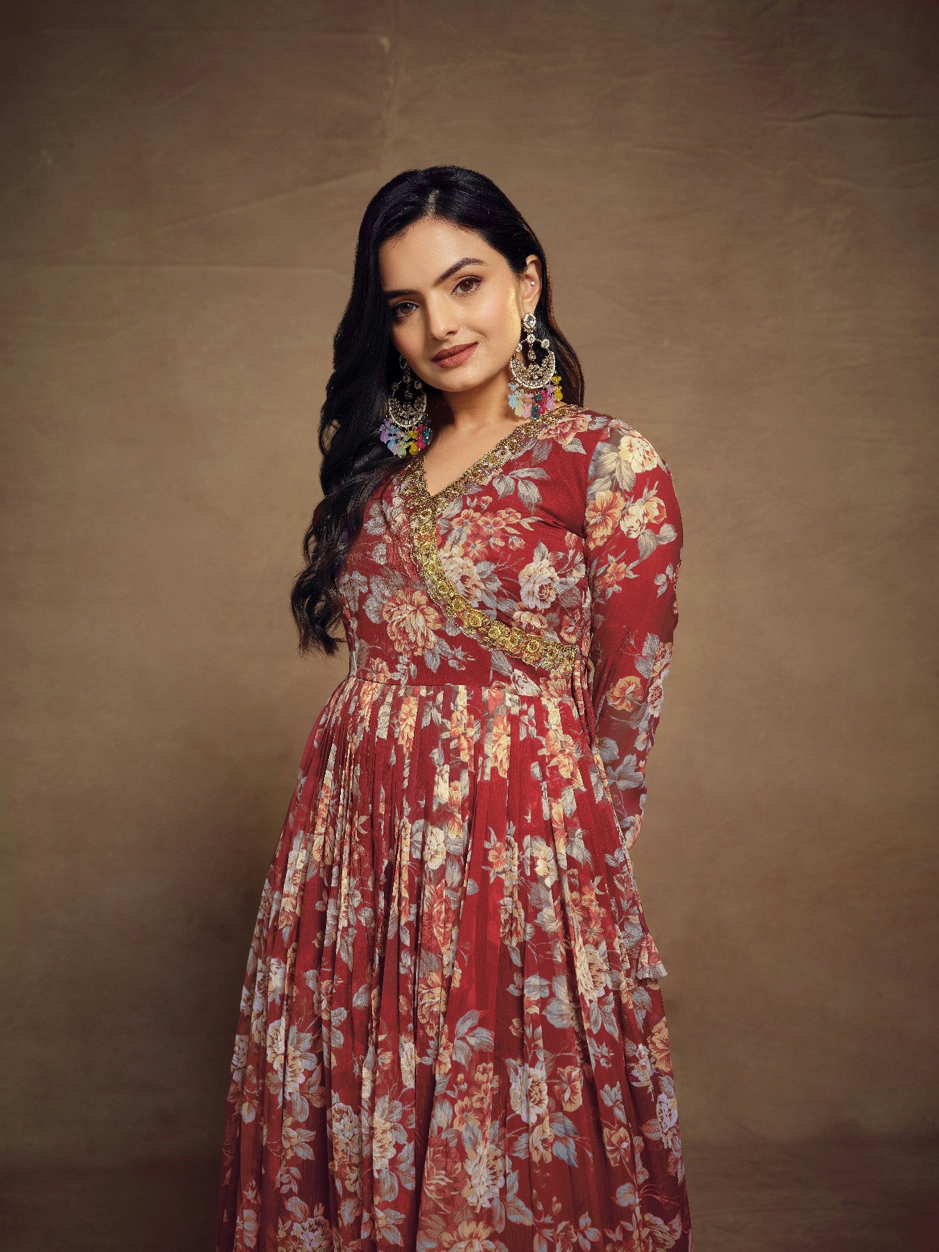 Maroon Zari Embroidered Floral Printed Chiffon Top Palazzo Suit