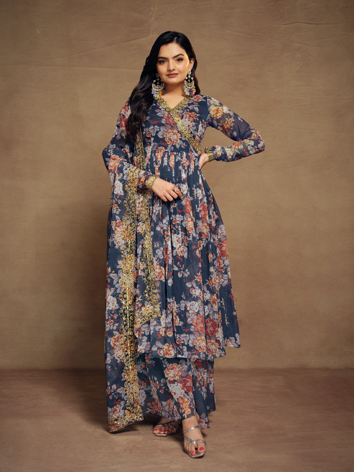 Elegant Navy Blue Zari Embroidered Floral Chiffon Top Palazzo Suit