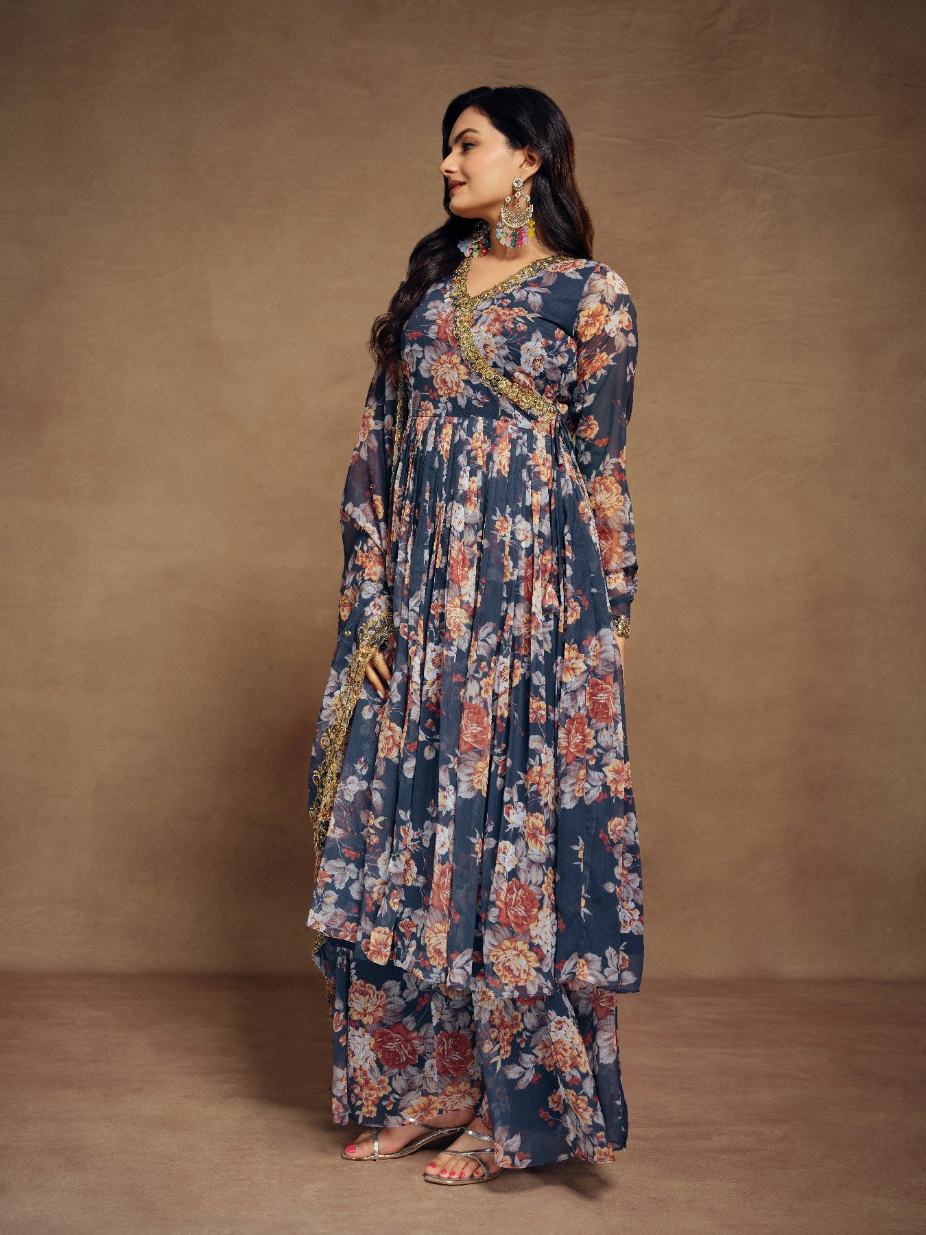 Elegant Navy Blue Zari Embroidered Floral Chiffon Top Palazzo Suit
