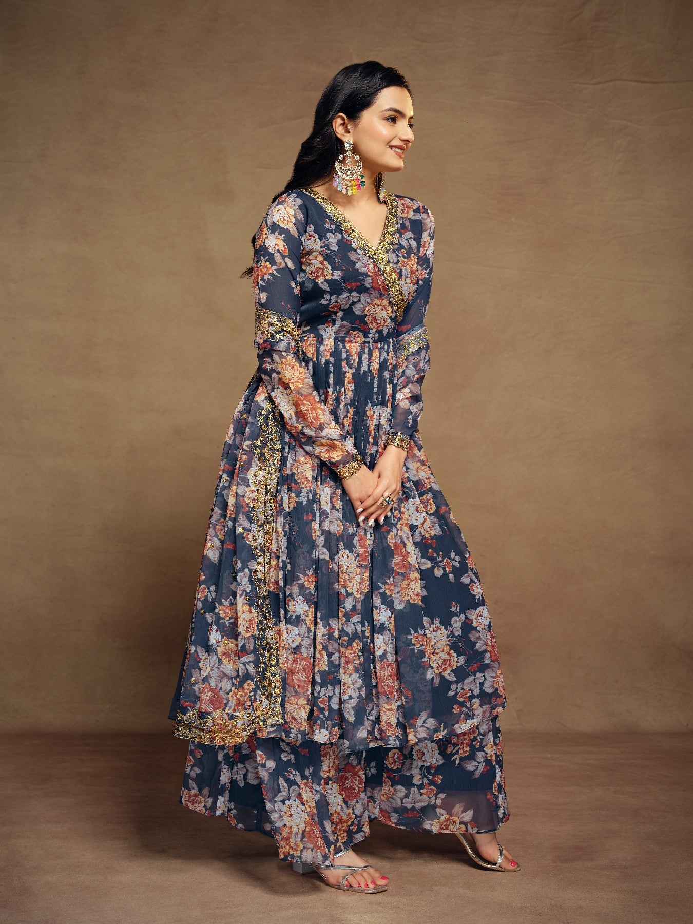 Elegant Navy Blue Zari Embroidered Floral Chiffon Top Palazzo Suit