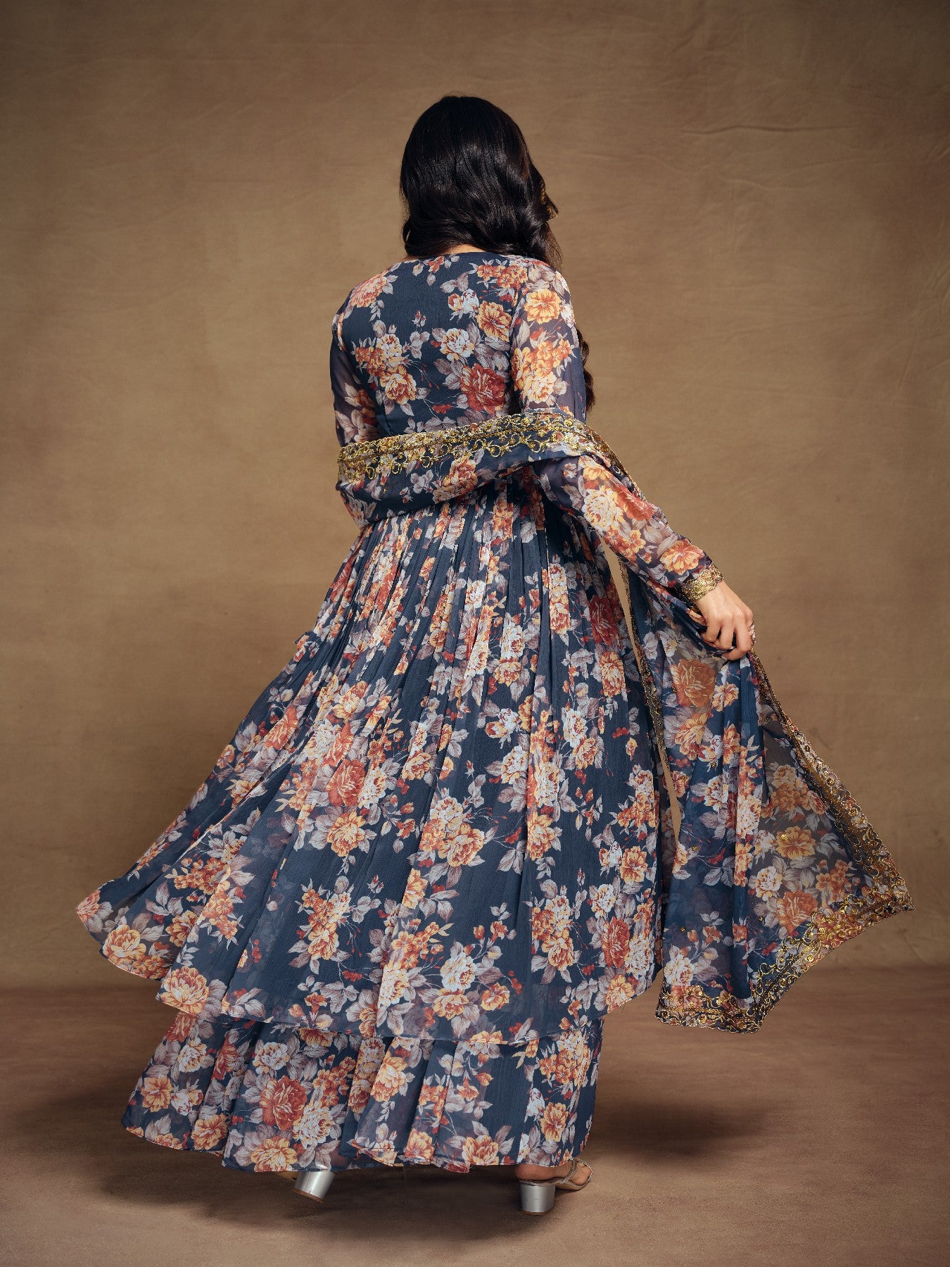 Elegant Navy Blue Zari Embroidered Floral Chiffon Top Palazzo Suit
